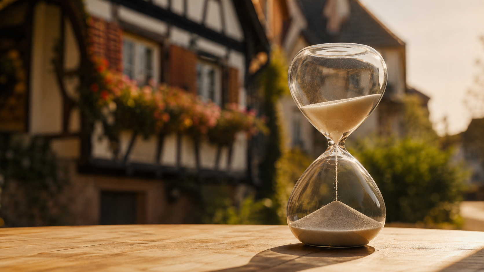 Sablier posé sur une table en bois devant une maison alsacienne, symbole du délai de vente immobilière en Alsace.